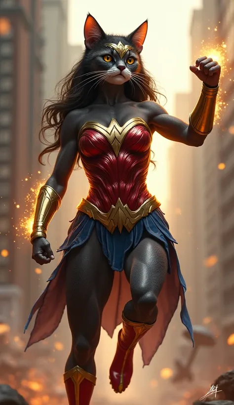  A female cat with a human body dressed as a Wonder Woman wearing red boots with gold details, jumping with a shining gold bracelet and the bow around the waist  