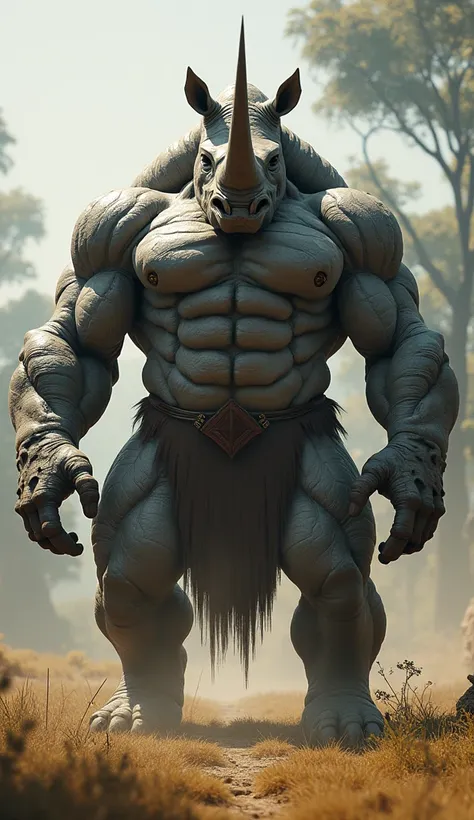 Create a photorealistic image of a hybrid fusion between a strong man and a rhinoceros, combining the features of both into a singular, powerful creature. The being has the muscular upper body of a man, with thick, textured gray skin resembling that of a r...