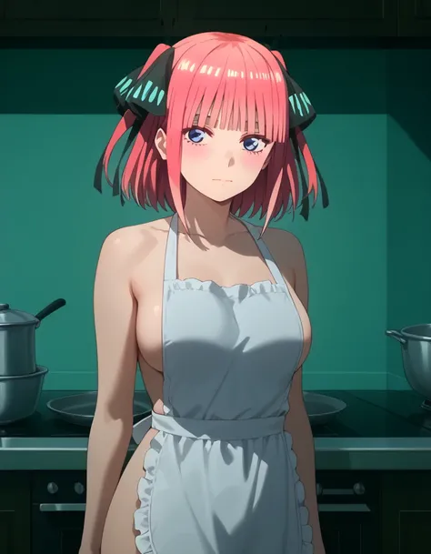 nino nakano, short hair, bangs, blue eyes, hair ornament, hair ribbon, pink hair, blunt bangs, two side up,large breast, butterfly hair ornament  apr0n, (nude apron),(hot pink:1.3 apron), ,flirting with viewer, standing, kitchen, ponytail, petite, sideboob...