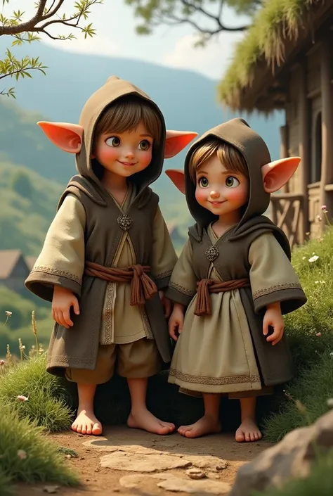 Um par de hobbits, male and female,  legs with prominent hairless calves,  bare feet covered in hair , round ears,  wearing medieval peasant costumes .