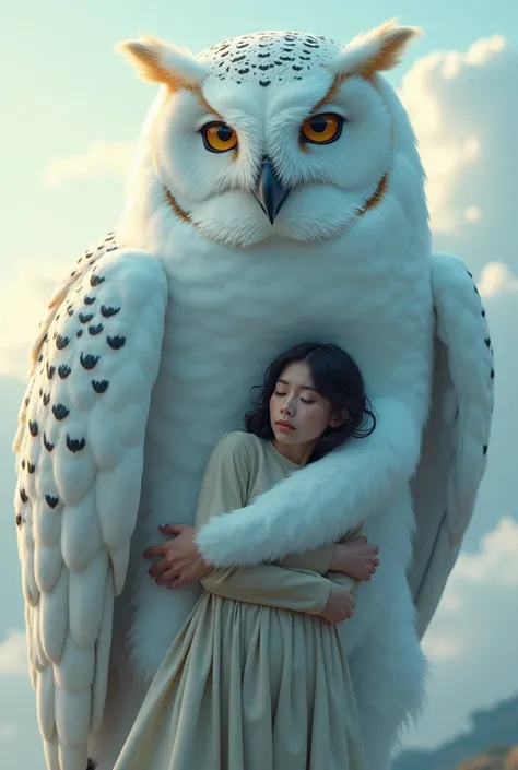 white owl the size of a horse with blue spots on its feathers
And a person cuddling