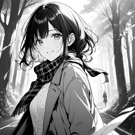 
Masterpiece, ultra-detailed, line art, monochrome, grayscale, black and white,

A road lined with trees with leaves fallen from the wind, a girl with black hair tied up in low twin tails at neck height,

waving at the viewer with sparkling grey eyes, smil...