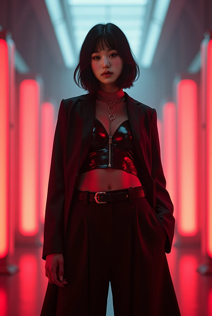 a girl, on a music video set, black and red outfit