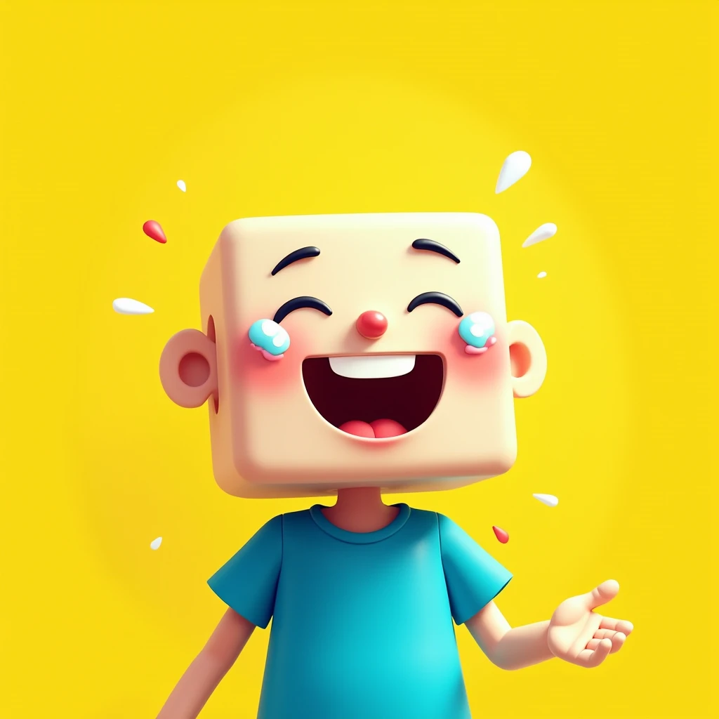 Create an illustration of a cheerful character with a cube-shaped head, a big laughing expression with tears of joy, wearing a simple blue shirt, set against a vibrant yellow textured background. The style should be clean and cartoonish, evoking a playful ...