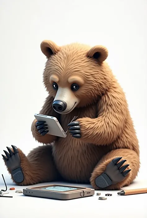 Bear repairing cell phone with white background