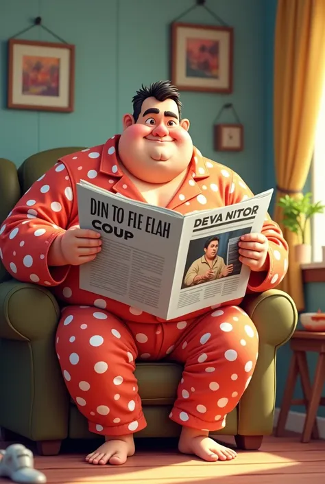 Man in fat pajamas sitting animated watching the newspaper where it says coup 
The coloring picture