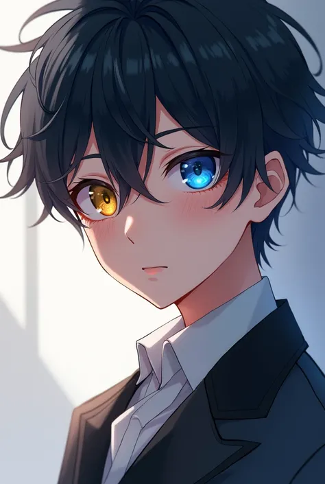 A boy, to look like a young adult ,  with different colored eyes,  one yellow and one blue , in anime style