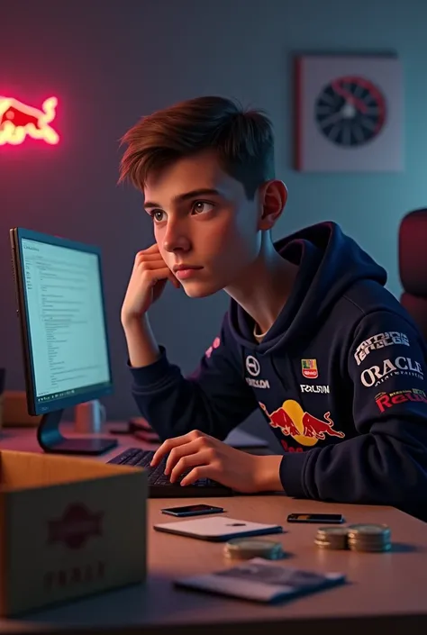 (photorealism:1.2), the image will show a white man sitting in front of his computer ,  with a thoughtful expression .  Around him ,  open clothing boxes ,  especially an Oracle Red Bull Racing hoodie lying on a chair.  On a nearby table , money, credit ca...