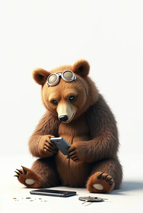 Bear repairing cell phone with white background