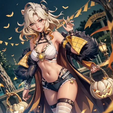 1girl, dress, jewelry, blonde hair, glow hair, flowing hair, ahoge, armpits, bandaged arm, bandaged hand, bandaged leg, bandaged neck, bandage chest, bandages all over the body, bandages, bare shoulders, glow eyes, mummy costume for Halloween, Halloween th...