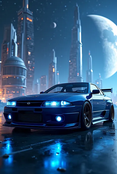 an ultra realistic photo of a navy blue Nissan Silvia S15 with blue LED headlights in a version of the movie Star Wars in a futuristic city floating in space with planets and ships in the background