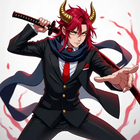 chico,anime,young,man,long deep red hair, yellow eyes and golden horns , dressed in a black suit, wearing a red tie ,long dark blue scarf , brandishing a crimson-edged katana,