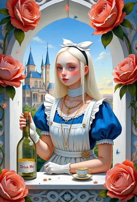       A young incredibly beautiful woman, Alice in Wonderland, in a blue dress and a white apron with a headband with a white bow on her head and white lace gloves in her arms, looks out of a white open carved window with a windowsill,   in her hands, a gi...