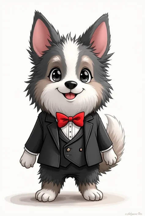 a bearded collie dog in anime style, pencil sketch and white, wearing a black suit with a red bowtie, standing on two legs, cute