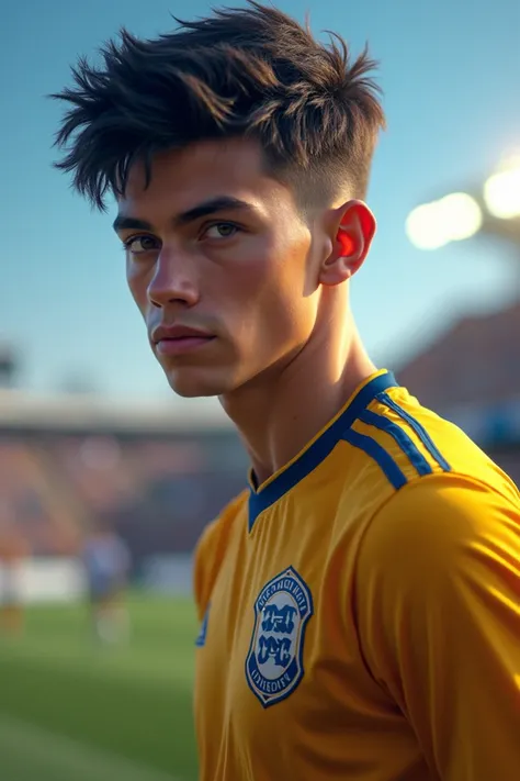  Imagine a 17-year-old boy ,  with a height of 1 .79 meters. He has black hair, short and slightly disheveled,  and dark blue eyes that reflect determination and focus .  As a forward of his soccer team ,  his physique is slightly muscular ,  with an athle...