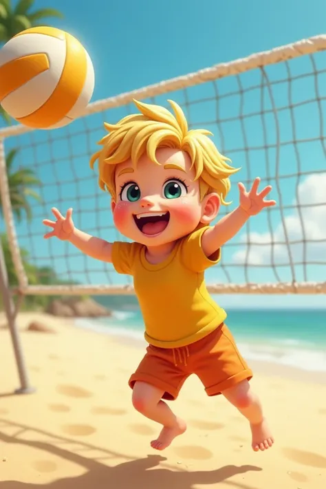 Make a chubby blond haired boy smiling playing volleyball 