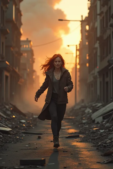  generate an image with a street of a ruined city with the smoke of catastrophe in the background with a woman as if she were running
Do women have trigueña characteristics, Lower and red hair eyes not too far apart and a beautiful smile  