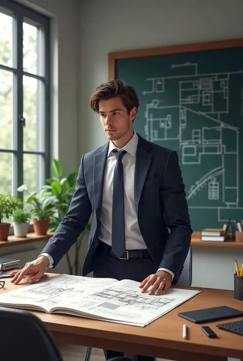 Generate a young architect in his office with plans and blackboards looking straight ahead
