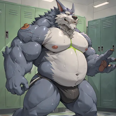 Warwick , solo, jockstrap, plump, huge, locker room background, nipples, big fat belly, big ass, eyes shut, standing, 5 fingers, musclegut body, lineart, normal eyes, wet body, macro body, massive body, huge pecs, very wide