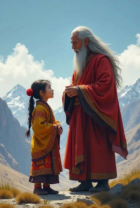 A girl in Tibet next to a Buddhist with long hair