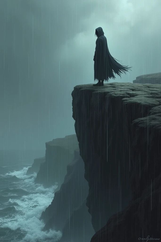 Hooded character on the edge of a cliff in the rain sad theme 