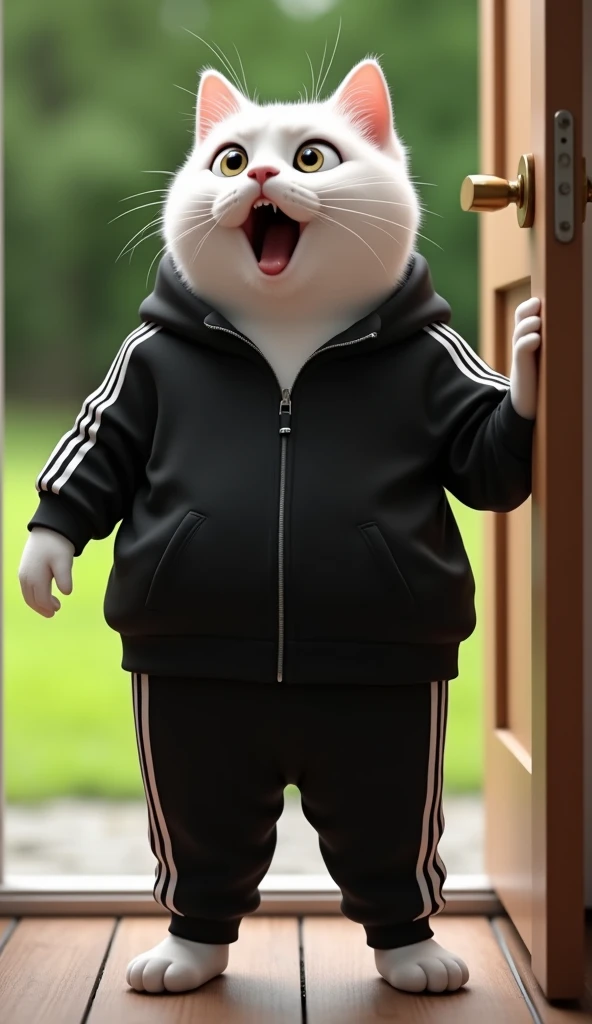  An anthropomorphized obese white cat , with a surprised expression ,  wearing a black sportswear with white stripes ,  typical of a sweatshirt set .  He is standing at the door of an open house,  with the hand holding the handle ,  revealing a vibrant gre...