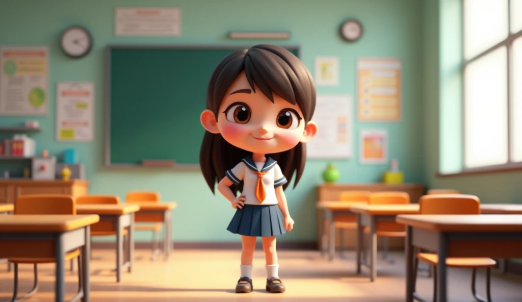 female student standing in class, 3d chibi animation style