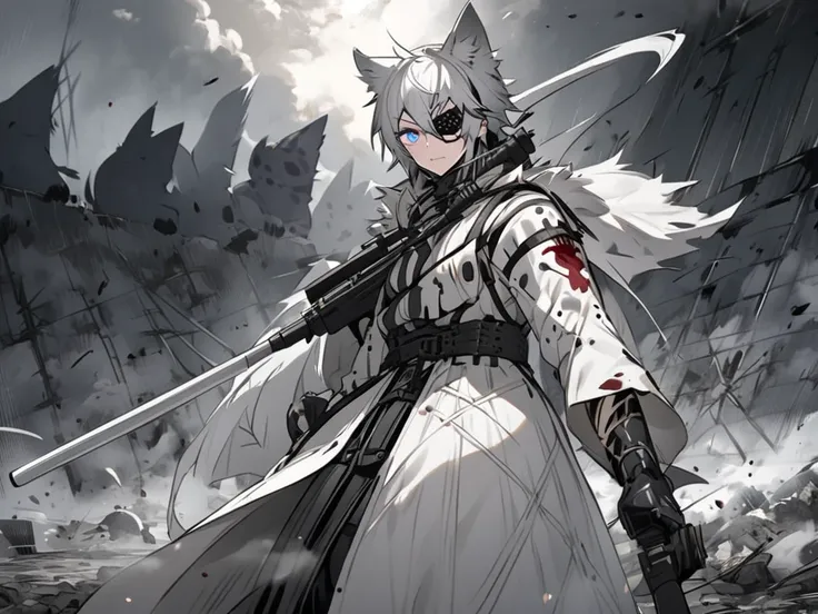 White cat、Male、Personification、Cat ears、battlefield、 holding an assault rifle、Eye patch、 wolf cut、 perfect eyes