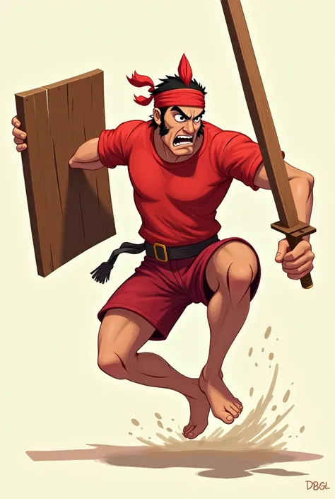 (Animated photo )  Dashing man dancing ,  using red cloth headband pointed upwards, wearing a red t-shirt and red shorts, left hand holding rectangular shape wooden shield,  right hand holding long box shape wooden sword , not wearing shoes, angry facial e...