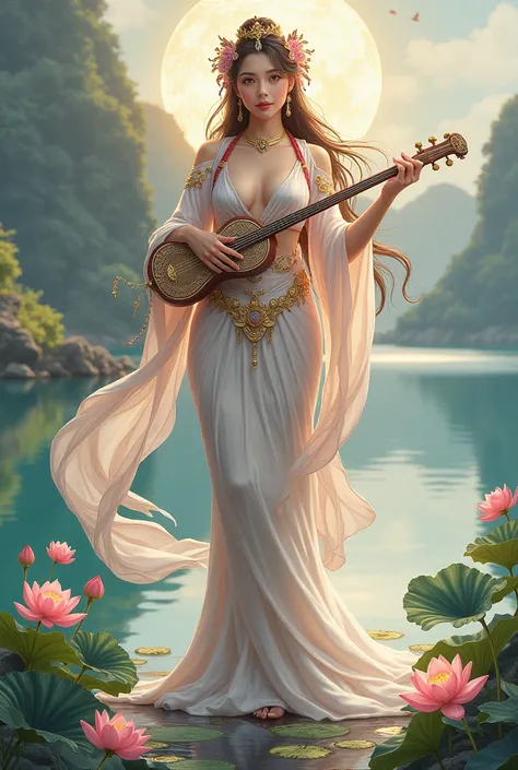 Beautiful Goddess「Benzaiten」 with 「Vina」Stand on the waterside of 、 stringed instruments、 imaginary、Lotus flower、Feminine、 mature、A goddess who has sex appeal、 illustration style 