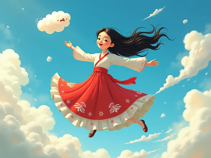 Draw a silly Korean woman chasing a cloud in the air