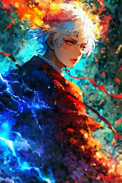 Please draw a strong character with a personality that manipulates fire and lightning。