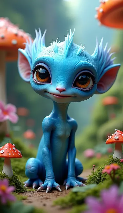 a cute, adorable blue alien creature, detailed facial features, large expressive eyes, detailed skin texture, detailed fur, sitting in a colorful, whimsical fantasy landscape, lush greenery, vibrant flowers, magical mushrooms, intricate details, (best qual...