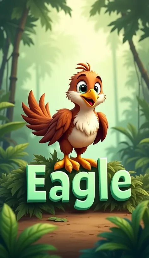 "Create an animated animal-themed banner featuring a cute cartoon eagle with big eyes and a bushy tail, sitting on top of the words Sehari Bersama Burung Elang made in a playful, -friendly font. The text appears with a typing effect, while the eagle jumps ...