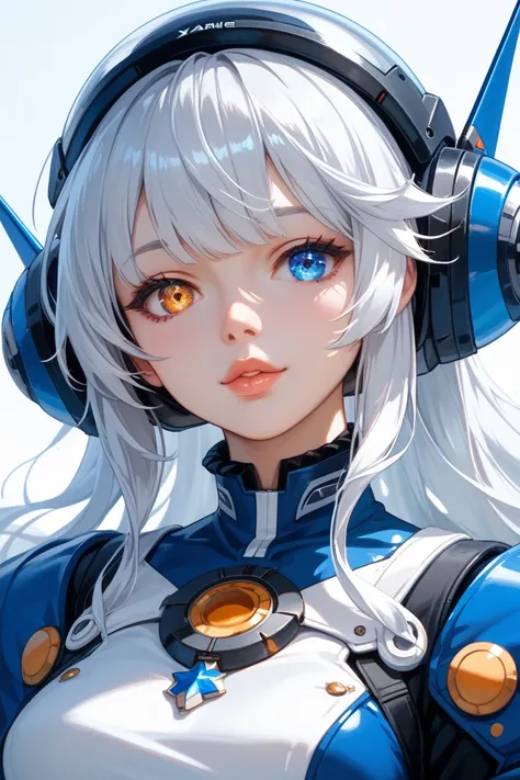  Close-up of the best masterpiece :1.5)0.9], (Space and astronauts:1.2) ( Loose silver hair:1.1) (Heterochromia:  xanthochromia and blue eyes:1.2) (Space helmet:1.0) (Colored stars in the eyes:1.0) (Shining light:1.1) (full lips:0.9)