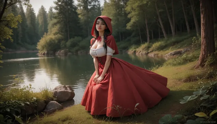 Big breasted Little Red Riding Hood with brown eyes and black hair lake in sexy low-cut clothes in the forest detailed realistic image