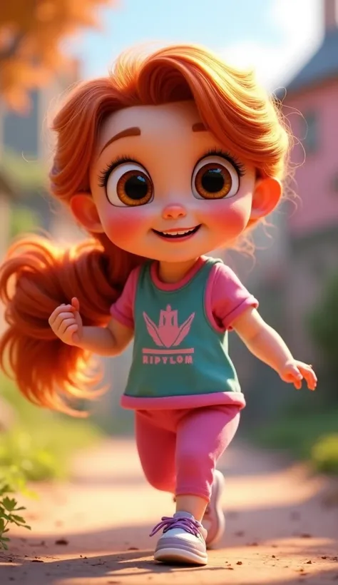 Disney Pixar style character Rapunzel baby with red hair and ponytail and sportswear