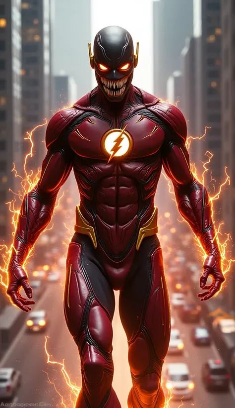 Create an image that The Flash fusion with Venom into 1 body, city background, venom face, The Flash suit combine with black of venom and orange electric around