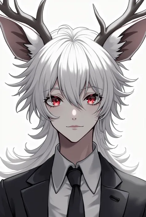 I want an anime-style drawing of a human half-deer with fluffy white hair, red-eyed and handsome 30-year-old face in black and white