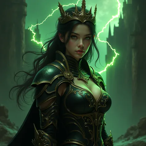 The image is a digital art piece that appears to be a portrait of a young woman with dark hair and green eyes. She is wearing a black and gold armor with intricate designs and patterns. Her hair is styled in loose waves and cascades over her shoulders. She...