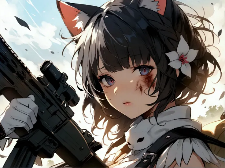 White cat、Personification、battlefield、 holding an assault rifle、Right eye injury