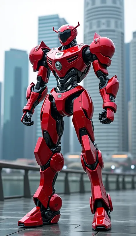 "A sleek and futuristic combat robot inspired by Singapore’s red and white flag, with a crescent moon and five stars prominently displayed on its chest. Its gleaming metallic body reflects the skyline of Marina Bay Sands, fists ready to strike with precisi...