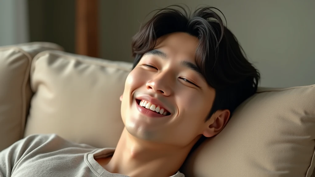 Very handsome korean man, eyes closed, happy, on the couch