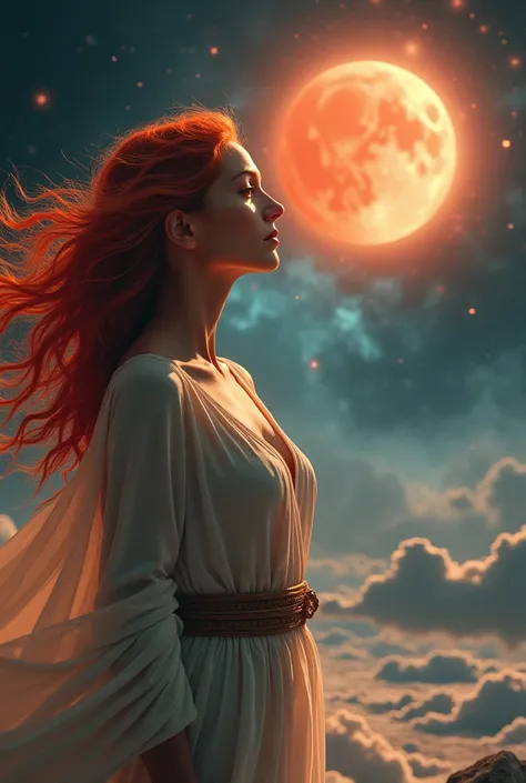 A beautiful and magical red-haired spiritual woman standing looking at the planet Mercury with an attitude of peace and courage