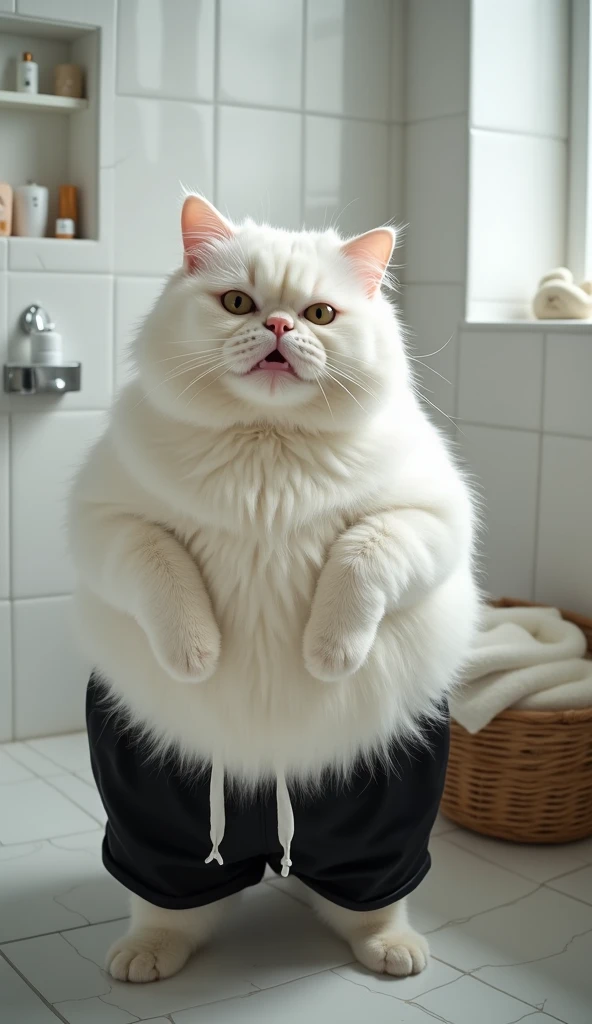 A white cat, obese, standing in the shower ,  with a funny expression and wet ,  showing hair attached to the body .  He is wearing black shorts with white drawstring ,  giving a comical and cute look . The bathroom is modern,  with white tile walls ,  she...