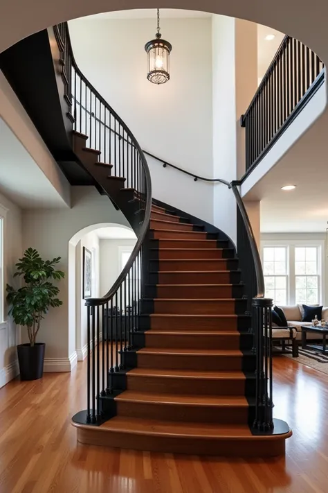 Stairs in a house ,  the rest of the house has wooden floors and white walls with some touches of black on the furniture, 