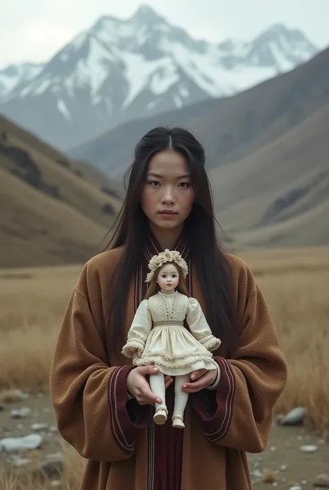 A woman in the background of Tibet with an old French doll in her hands