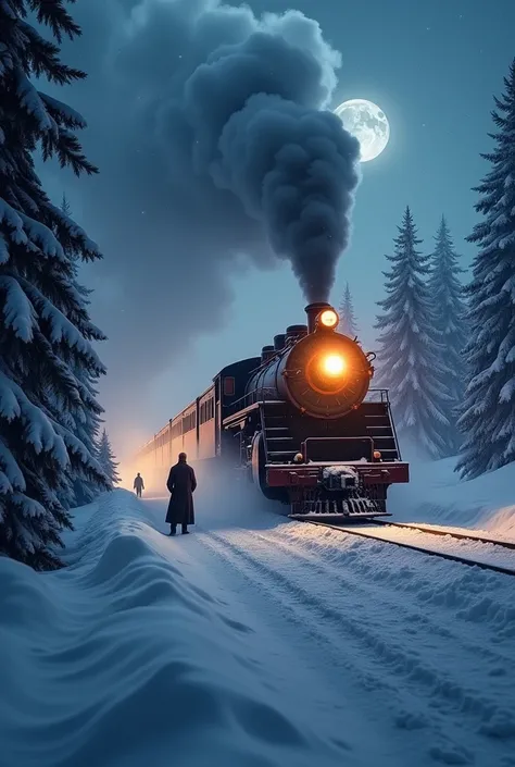 Polar express running on the snow sea dark dark night no moon heavy snow fall everywhere fast snow fall man with the lamp out side near by the engine masterpieces high hd realistic image 