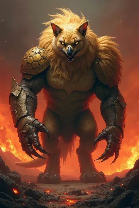 A monstrous hybrid creature that seamlessly combines the features of a cat and eagle. The creature has the muscular body of a cat with its golden fur and a flowing mane, but its head is fused with the heavy, armored features of a eagle, textured skin. The ...