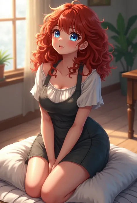 Beautiful red-haired girl curly collar blue eyes apron big breasts submissive obedient shy sorry proud scared in love kneeling on pillow with milk on her cheeks office looking up submissively 